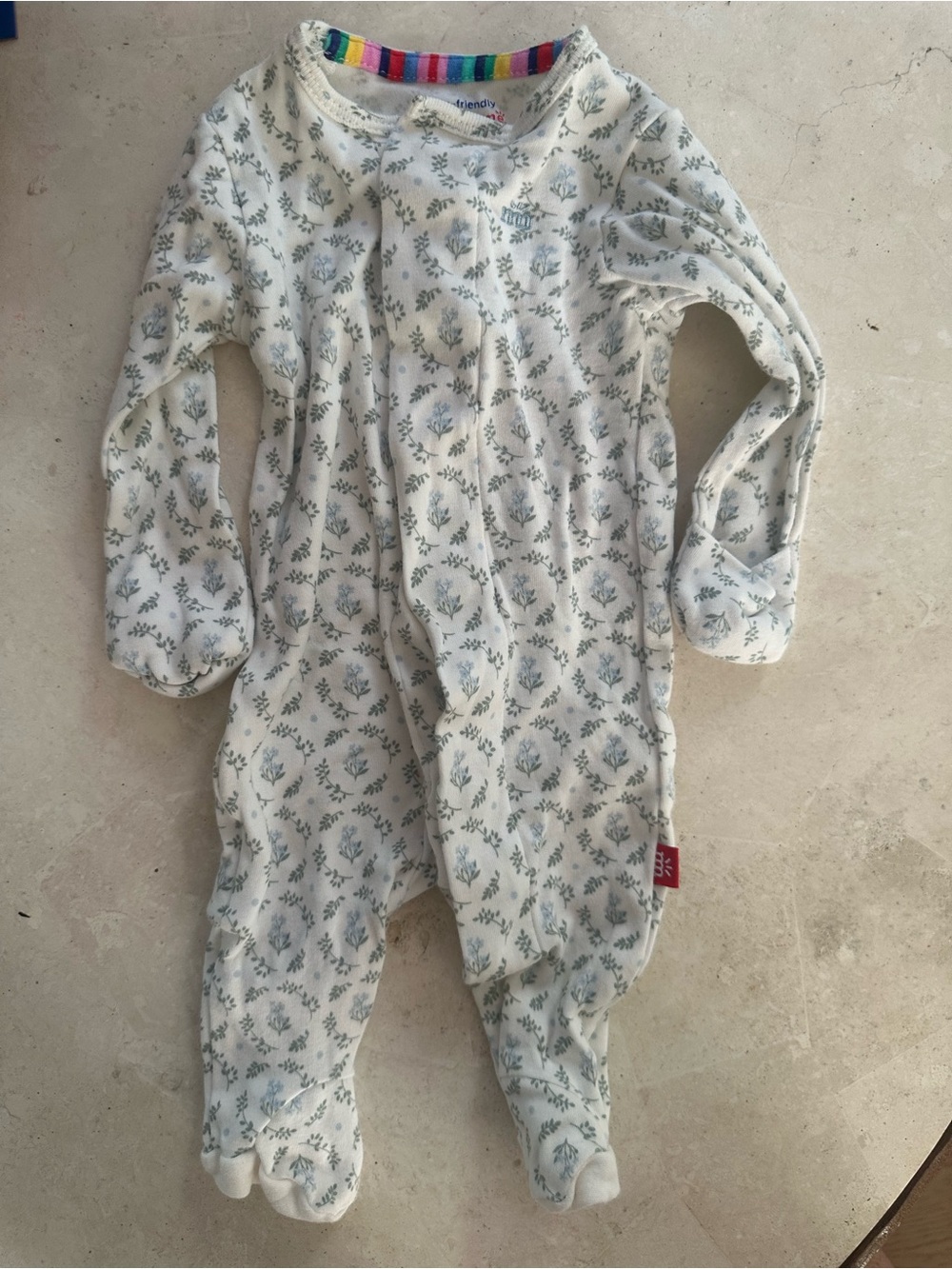 Magnetic me Cotton Floral Footed One-Piece - White with Green Print- newborn